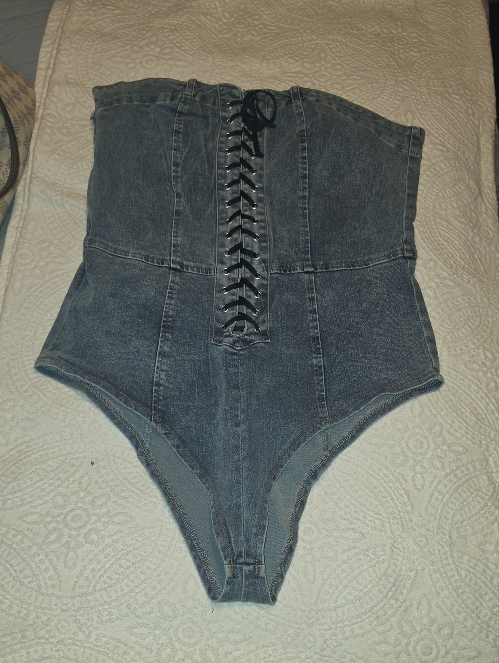 Denim Lace-Up Strapless Bodysuit - Blue